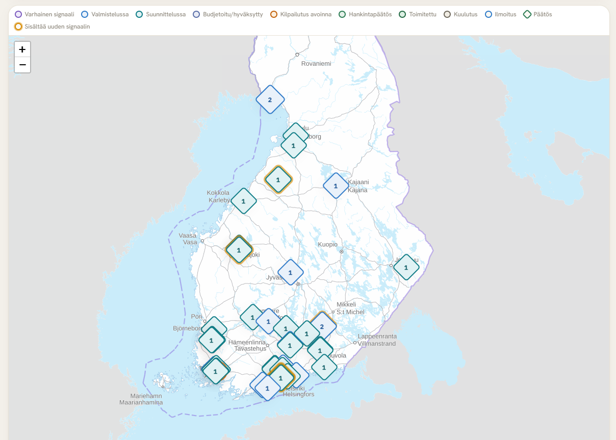 Karttanäkymä: signaalit Suomen kartalla vaiheittain värikoodattuna