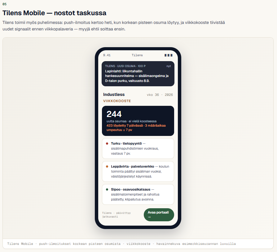 Tilens mobiilissa: viikkokoosteet ja nostot puhelimeen
